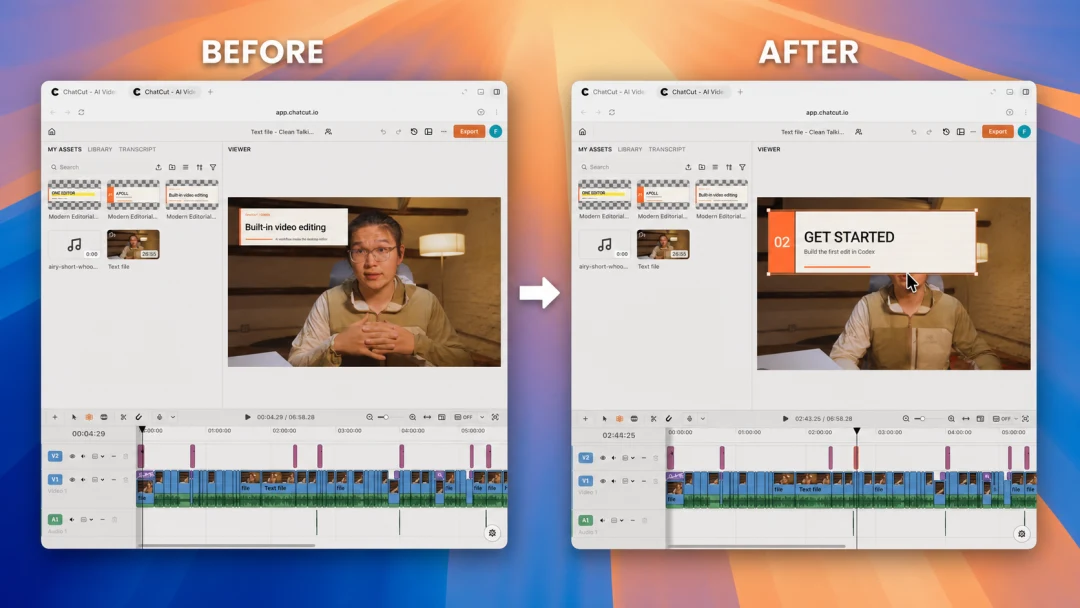 Before and after comparison of a talking-head frame, with a numbered chapter card added over the footage in the after state