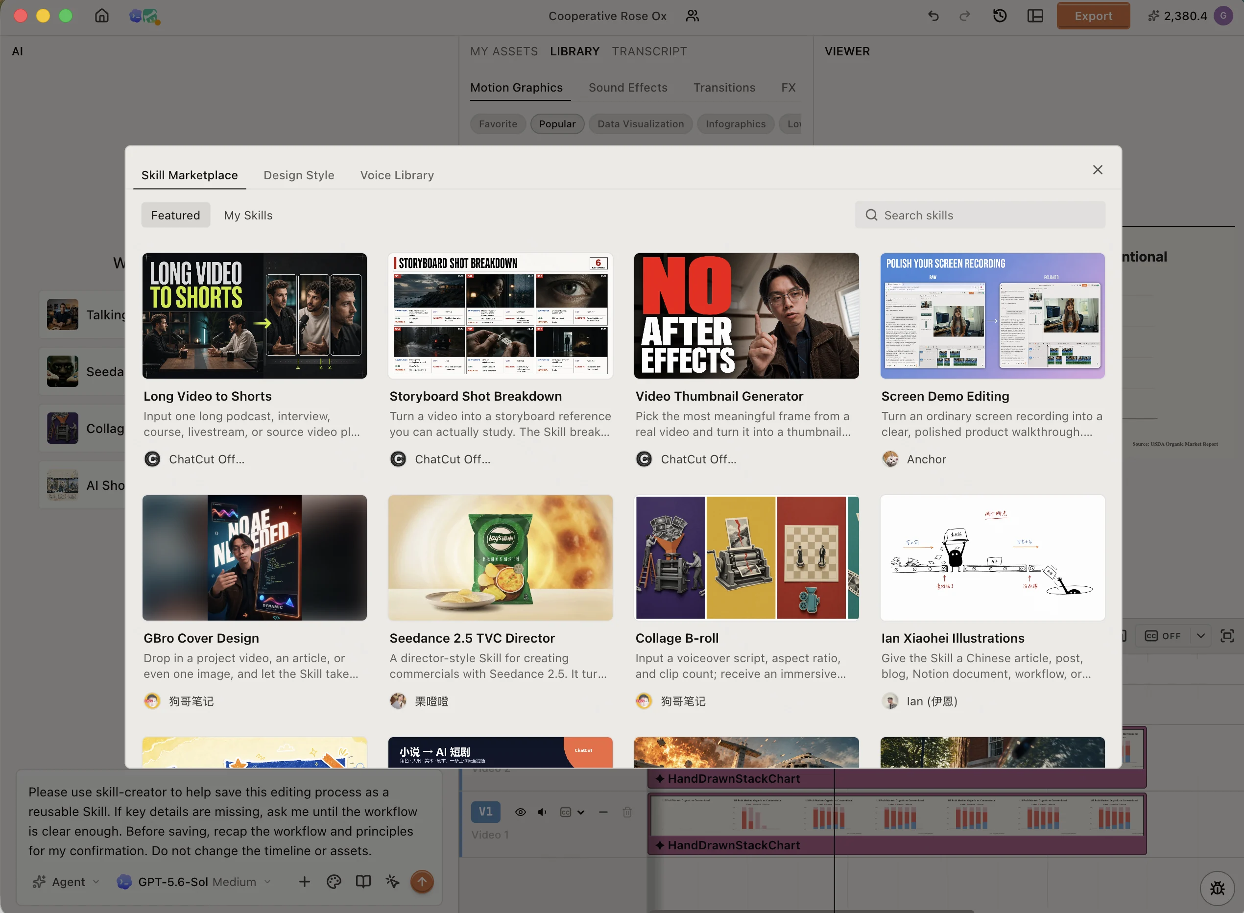 The Featured tab in ChatCut Skill Marketplace with a search field, Skill cards, authors, and preview images